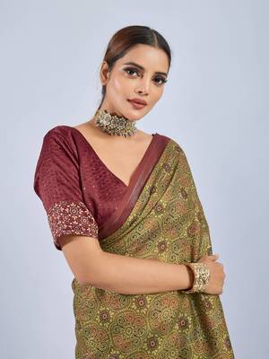 Mustard chiffon ajrak printed saree with unstitched blouse 5