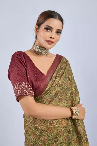 Mustard chiffon ajrak printed saree with unstitched blouse