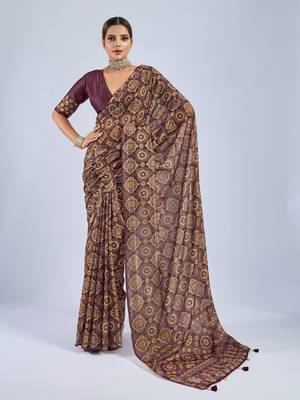 Maroon chiffon ajrak printed saree with unstitched blouse 1