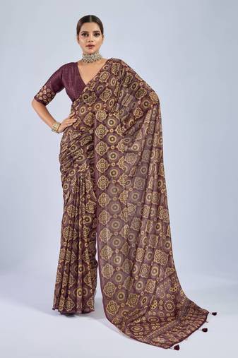 Maroon chiffon ajrak printed saree with unstitched blouse