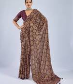 Maroon chiffon ajrak printed saree with unstitched blouse