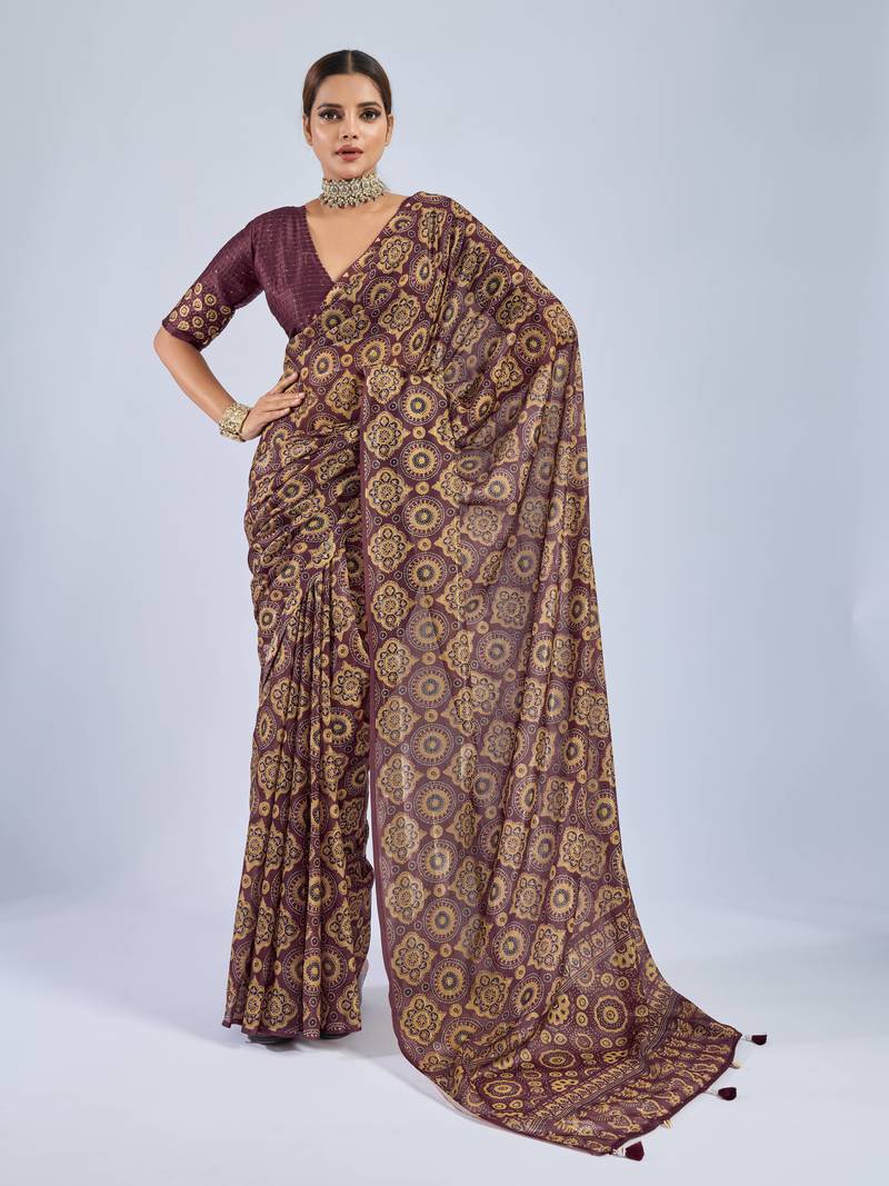 Maroon chiffon ajrak printed saree with unstitched blouse