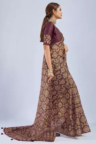 Maroon chiffon ajrak printed saree with unstitched blouse