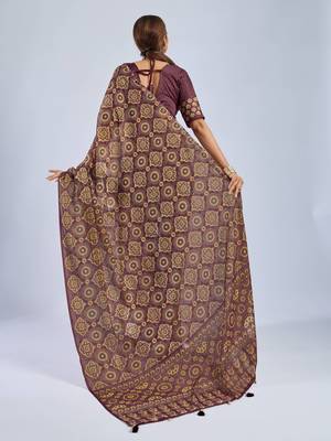 Maroon chiffon ajrak printed saree with unstitched blouse 3