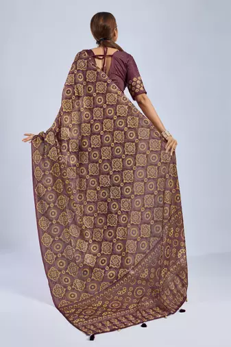 Maroon chiffon ajrak printed saree with unstitched blouse
