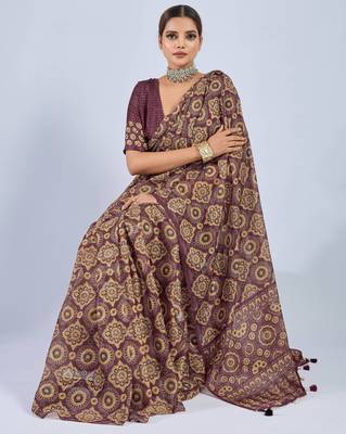 Maroon chiffon ajrak printed saree with unstitched blouse 4
