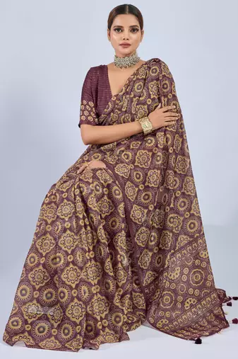 Maroon chiffon ajrak printed saree with unstitched blouse