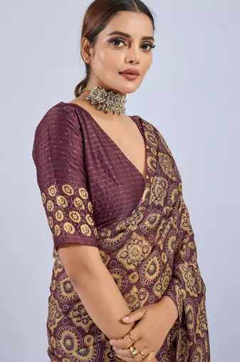 Maroon chiffon ajrak printed saree with unstitched blouse