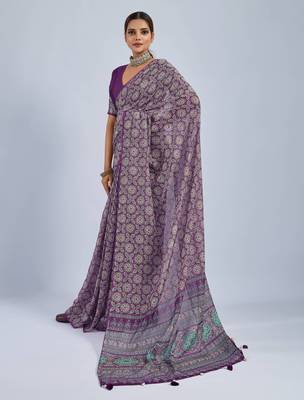 Purple chiffon ajrak printed saree with unstitched blouse 1