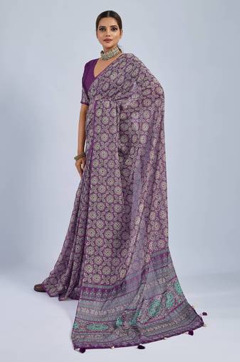 Purple chiffon ajrak printed saree with unstitched blouse