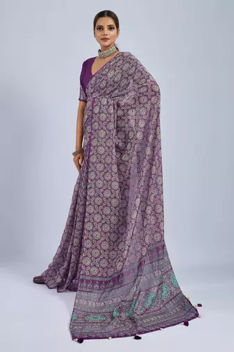 Purple chiffon ajrak printed saree with unstitched blouse