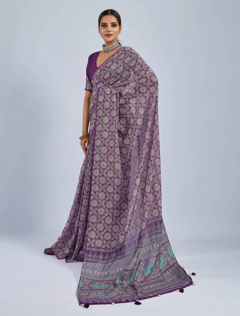 Purple chiffon ajrak printed saree with unstitched blouse