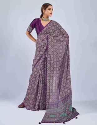 Purple chiffon ajrak printed saree with unstitched blouse 2