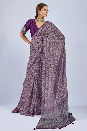 Purple chiffon ajrak printed saree with unstitched blouse