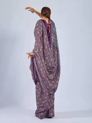 Purple chiffon ajrak printed saree with unstitched blouse 3