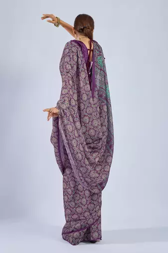 Purple chiffon ajrak printed saree with unstitched blouse