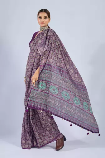 Purple chiffon ajrak printed saree with unstitched blouse