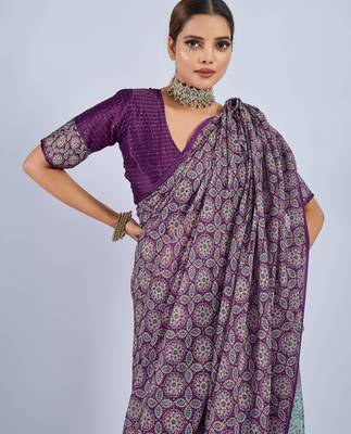 Purple chiffon ajrak printed saree with unstitched blouse 5