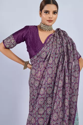 Purple chiffon ajrak printed saree with unstitched blouse