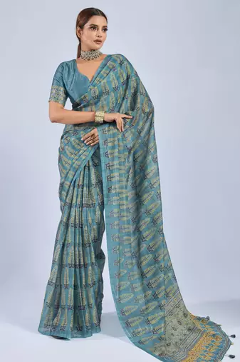 Blue chiffon ajrak printed saree with unstitched blouse