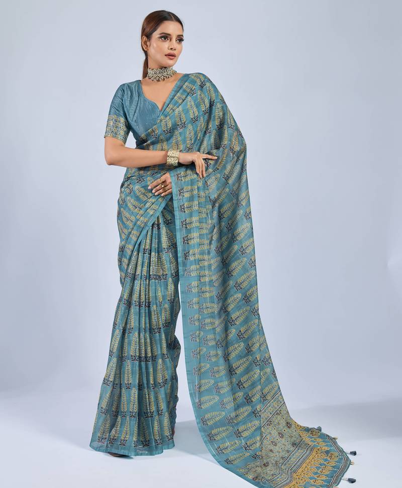 Blue chiffon ajrak printed saree with unstitched blouse