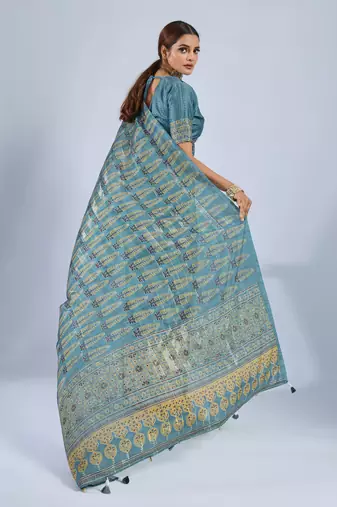 Blue chiffon ajrak printed saree with unstitched blouse
