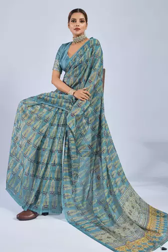 Blue chiffon ajrak printed saree with unstitched blouse