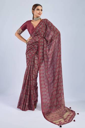 Maroon chiffon ajrak printed saree with unstitched blouse