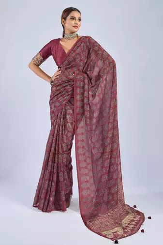 Maroon chiffon ajrak printed saree with unstitched blouse