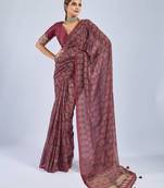 Maroon chiffon ajrak printed saree with unstitched blouse