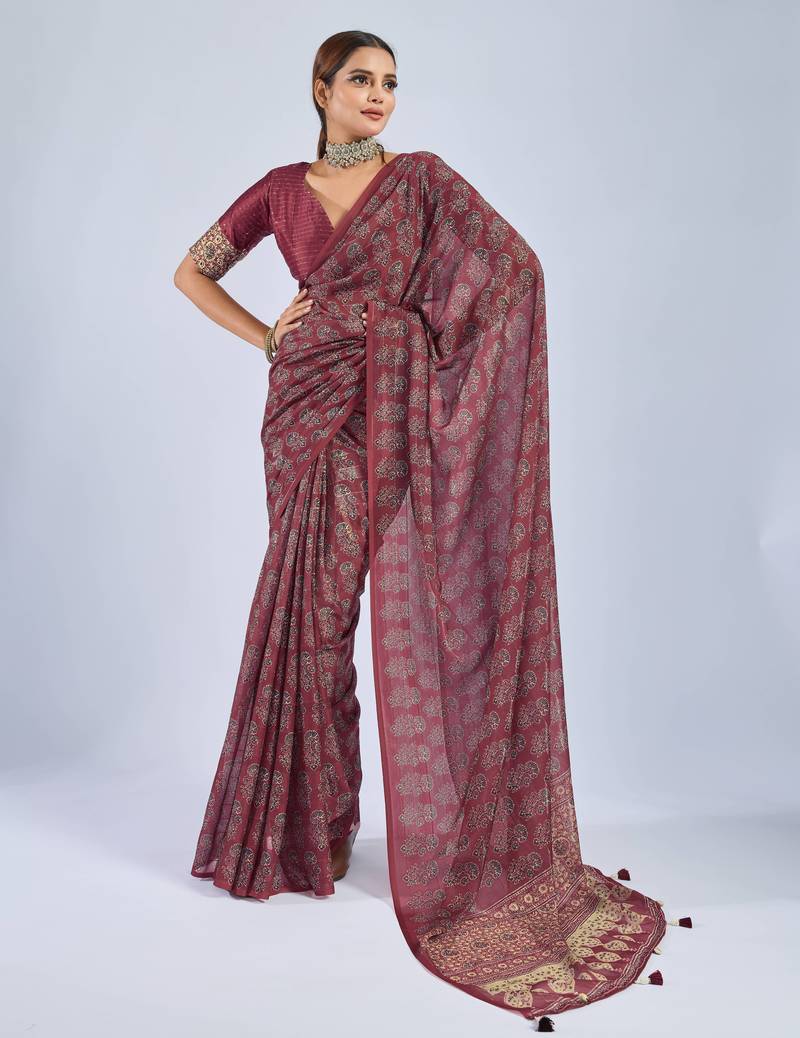 Maroon chiffon ajrak printed saree with unstitched blouse