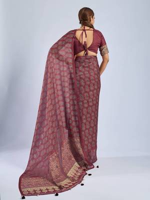 Maroon chiffon ajrak printed saree with unstitched blouse 3