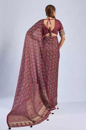 Maroon chiffon ajrak printed saree with unstitched blouse