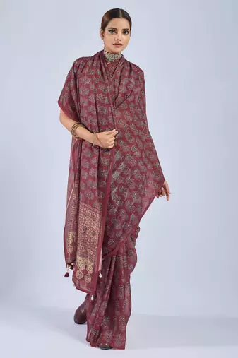 Maroon chiffon ajrak printed saree with unstitched blouse