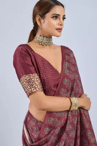 Maroon chiffon ajrak printed saree with unstitched blouse