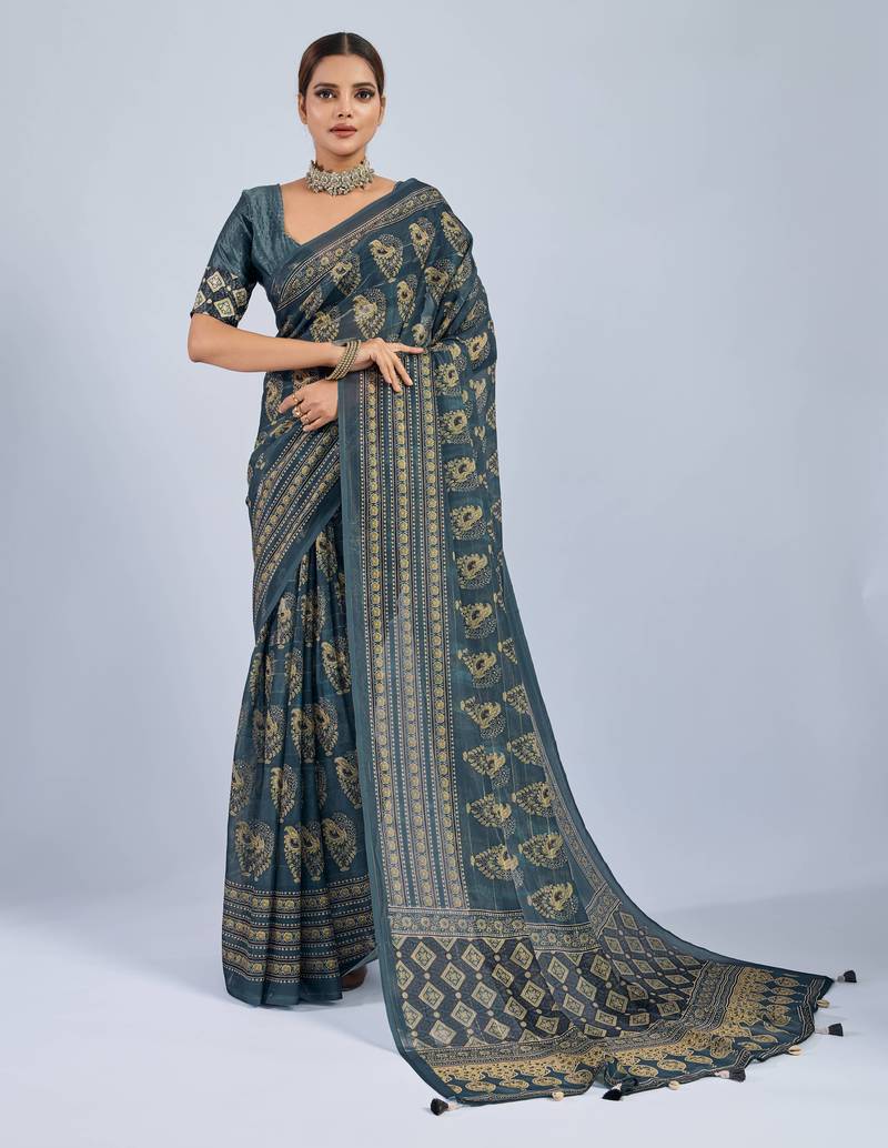 Green chiffon ajrak printed saree with unstitched blouse