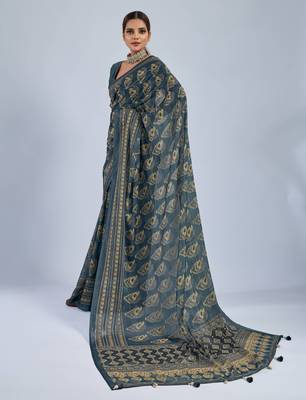 Green chiffon ajrak printed saree with unstitched blouse 2