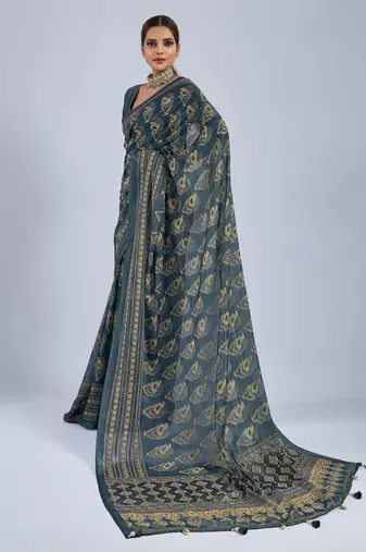 Green chiffon ajrak printed saree with unstitched blouse