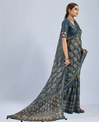 Green chiffon ajrak printed saree with unstitched blouse 4