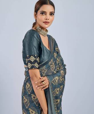 Green chiffon ajrak printed saree with unstitched blouse 5