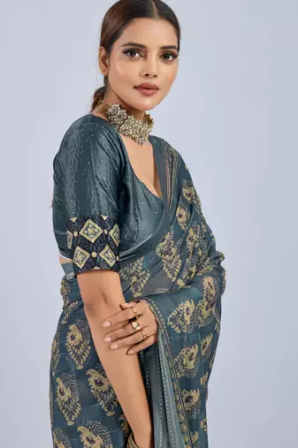 Green chiffon ajrak printed saree with unstitched blouse