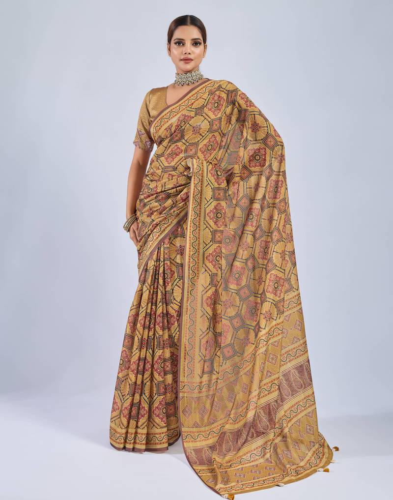 Yellow chiffon ajrak printed saree with unstitched blouse