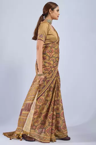 Yellow chiffon ajrak printed saree with unstitched blouse