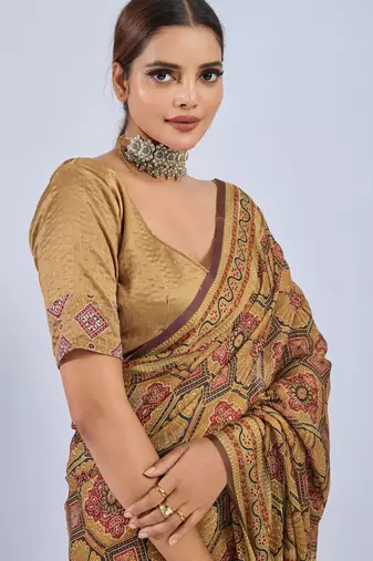 Yellow chiffon ajrak printed saree with unstitched blouse
