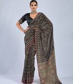 Black chiffon ajrak printed saree with unstitched blouse