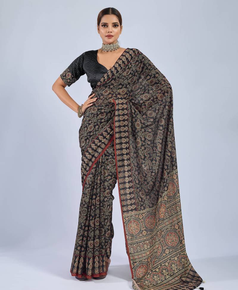 Black chiffon ajrak printed saree with unstitched blouse