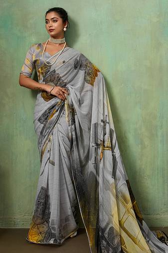 Grey georgette abstract printed saree with unstitched blouse