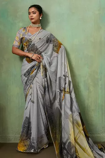 Grey georgette abstract printed saree with unstitched blouse