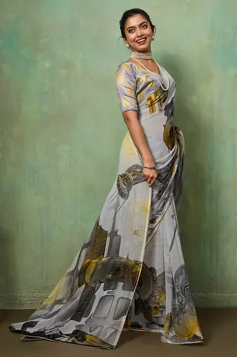 Grey georgette abstract printed saree with unstitched blouse