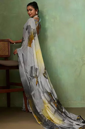 Grey georgette abstract printed saree with unstitched blouse